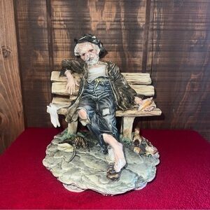 Rare Signed Vintage Italian Capodimonte Hobo Man Figurine on Bench